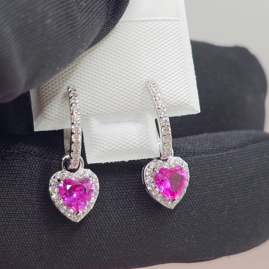 Sterling Silver Rhodium Plated Dangling Micro Pave Heart Pink Cz Huggie Earrings 70$